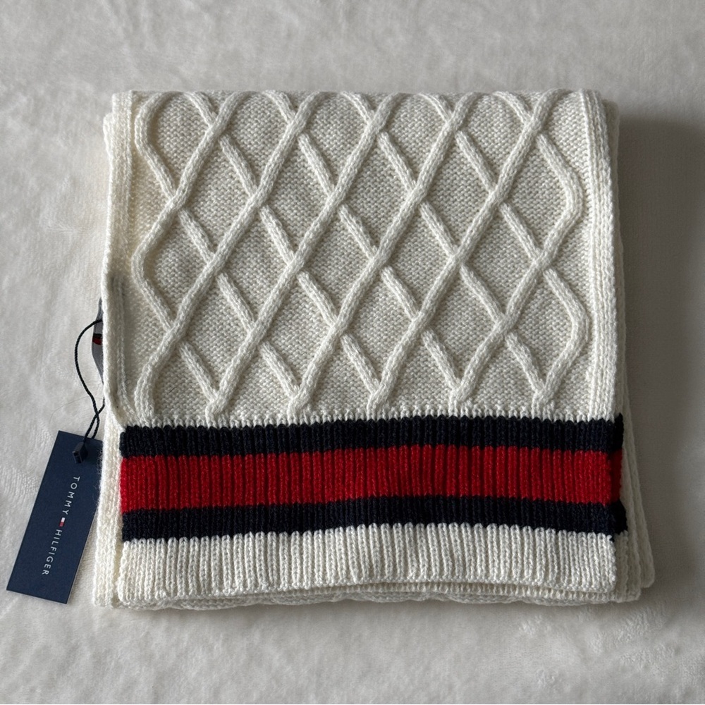 Tommy Hilfiger Ivory Knit Scarf with Red and Navy Stripes